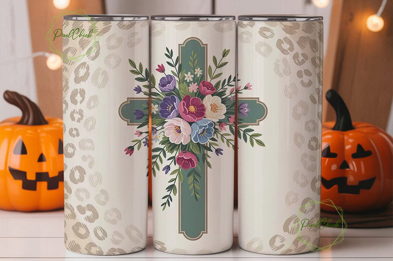 Floral Cross Leopard 20oz Tumbler Wrap Sublimation PixelChick 
