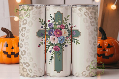 Floral Cross Leopard 20oz Tumbler Wrap Sublimation PixelChick 