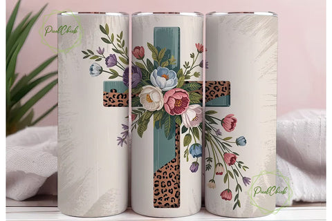 Floral Cross Leopard 20oz Tumbler Wrap Sublimation PixelChick 