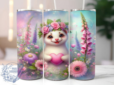Floral Cute Ferret Tumbler, Cute Ferret, Floral Wrap, Sublimation Art, 20oz Tumbler, Playful Design, Nature Theme Sublimation ToriDesigns 