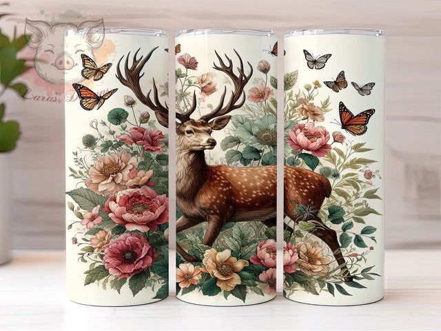 Floral Deer 20oz Tumbler Png, Straight & Tapered Tumbler Png, Floral Butterfly Tumbler Png, Digital Download PNG Sublimation Lara' s Designs 