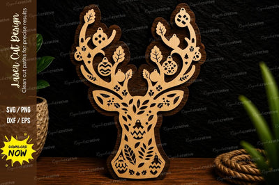 Floral Deer Head Laser Cut Svg Design SVG Regulrcrative 