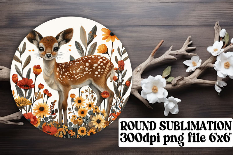 Floral Deer Keychain Round Design Sublimation Watercolor Art Sublimation afrosvg 