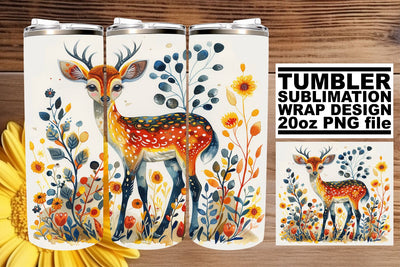 Floral Deer Tumbler Wrap 20oz Sublimation Watercolor Pattern Sublimation afrosvg 
