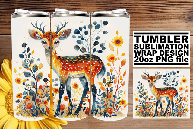 Floral Deer Tumbler Wrap 20oz Sublimation Watercolor Pattern Sublimation afrosvg 