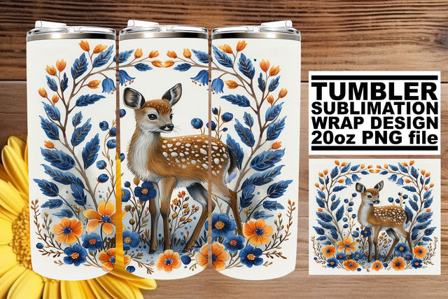 Floral Deer Tumbler Wrap Sublimation Design for 20oz Watercolor Style Sublimation afrosvg 