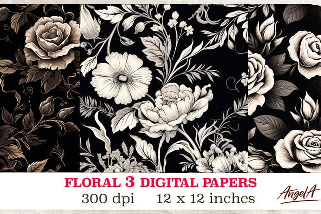 Floral digital paper / Black and white retro roses pattern Digital Pattern Angelina Semenova 