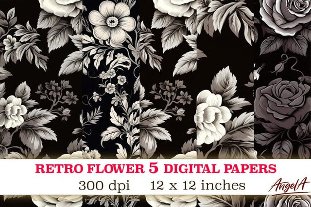 Floral digital paper / Black and white roses retro pattern Digital Pattern Angelina Semenova 