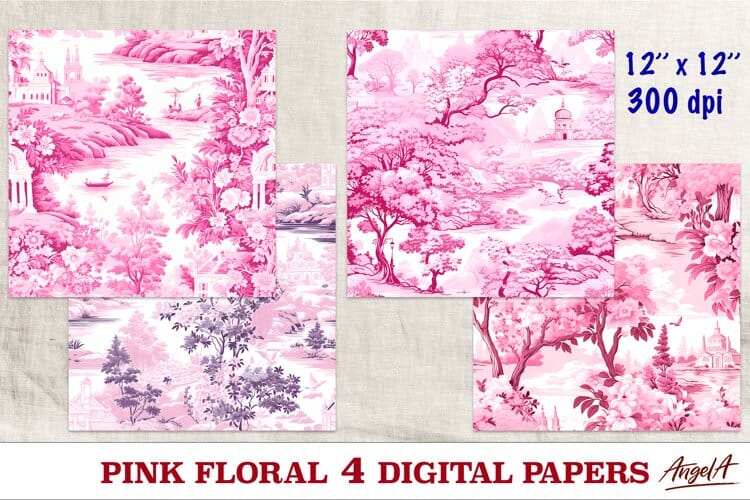 Floral digital paper / landscape digital paper pink - So Fontsy