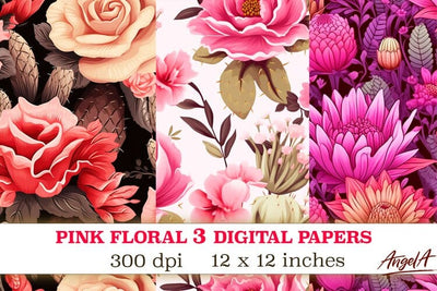 Floral digital paper / pink cactus flowers pattern, roses Digital Pattern Angelina Semenova 
