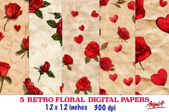Floral digital paper, retro paper texture heart rose pattern Digital Pattern Angelina Semenova 