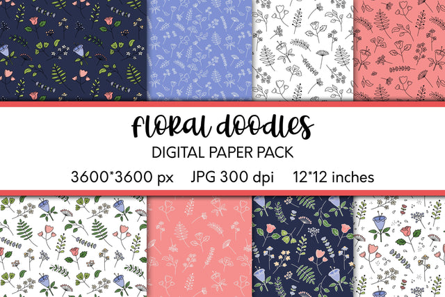 Floral Doodles | Digital Paper | Flowers & Leaves Patterns Digital Pattern AnnaViolet_store 