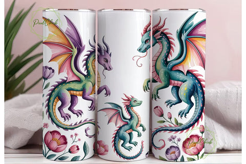 Floral Dragon Watercolor 20oz Tumbler Sublimation PixelChick 