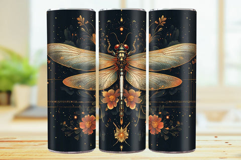 Floral Dragonfly 20oz Skinny Tumbler Wrap Sublimation Design. Sublimation CosmosFineArt 