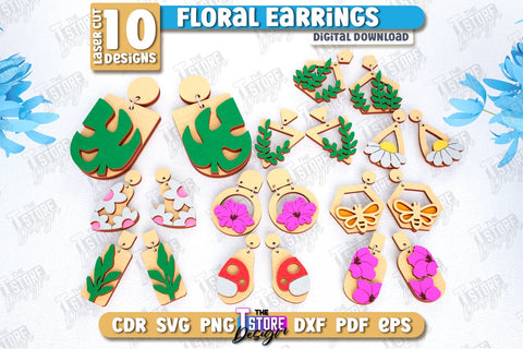 Floral Earrings Laser Cut Bundle | Floral Design | Jewelry | Accessories | CNC Files SVG The T Store Design 