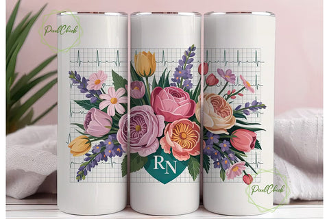 Floral EKG RN 20oz Tumbler Wrap Sublimation PixelChick 