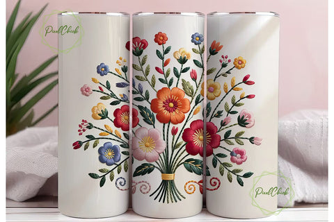 Floral Embroidery 20oz Tumbler Wrap Sublimation PixelChick 