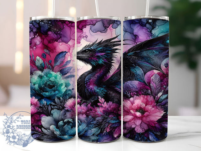 Floral Fantasy Dragon Tumbler, Alcohol Ink Tumbler, Floral Dragon Png, 20oz Skinny Tumbler, Fantasy Tumbler Wrap, Dragon Tumbler Design, Sublimation Download Sublimation ToriDesigns 