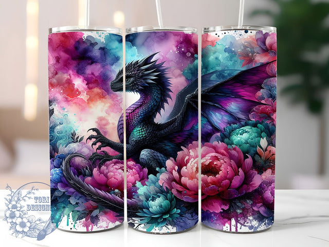 Floral Fantasy Dragon Tumbler, Alcohol Ink Tumbler, Floral Dragon Png, 20oz Skinny Tumbler, Fantasy Tumbler Wrap, Dragon Tumbler Design, Sublimation Download Sublimation ToriDesigns 