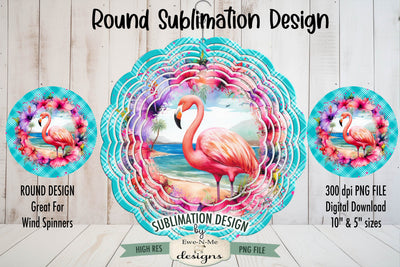 Floral Flamingo Wind Spinner Round Sublimation Design PNG Sublimation Ewe-N-Me Designs 