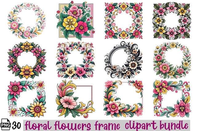 Floral Flowers Frame PNG Clipart Bundle Printable File Sublimation Creativedesigntee 