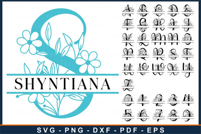 Floral flowers split monogram alphabet letters font set SVG design, Family name sign SVG D2PUTRI Designs 