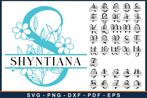 Floral flowers split monogram alphabet letters font set SVG design, Family name sign SVG D2PUTRI Designs 