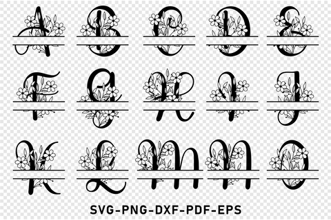 Floral flowers split monogram alphabet letters font set SVG design, Family name sign SVG D2PUTRI Designs 