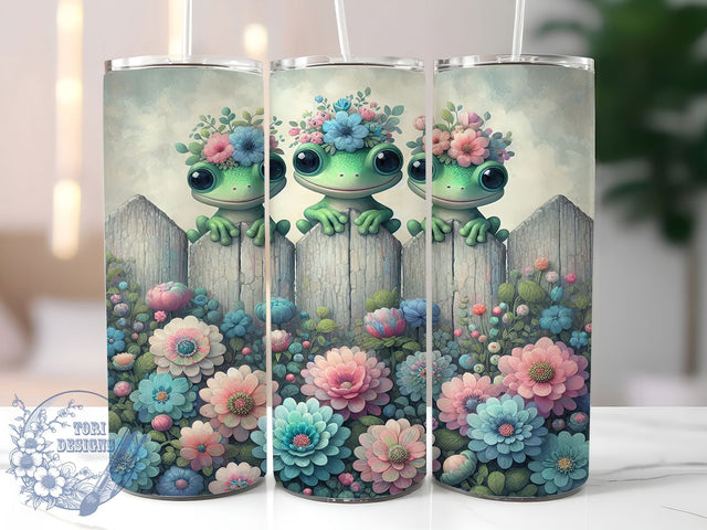 Floral Frog Garden Tumbler Wrap, Floral Fence Tumbler, Cute Frog Design, 20oz Skinny Tumbler, Sublimation Tumbler Design, Garden Frog Wrap, Spring Tumbler Design Sublimation ToriDesigns 