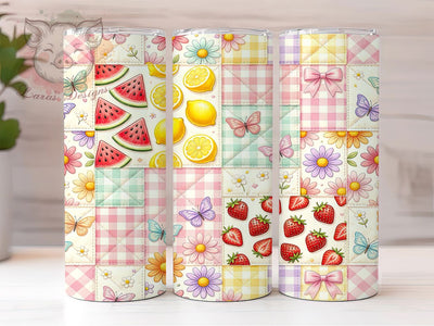Floral Fruit Patchwork Bliss 20oz Tumbler, Fruit Pattern, Watermelon Slices, Yellow Lemons, Red Strawberries, Colorful Daisies, Butterflies Sublimation Lara' s Designs 