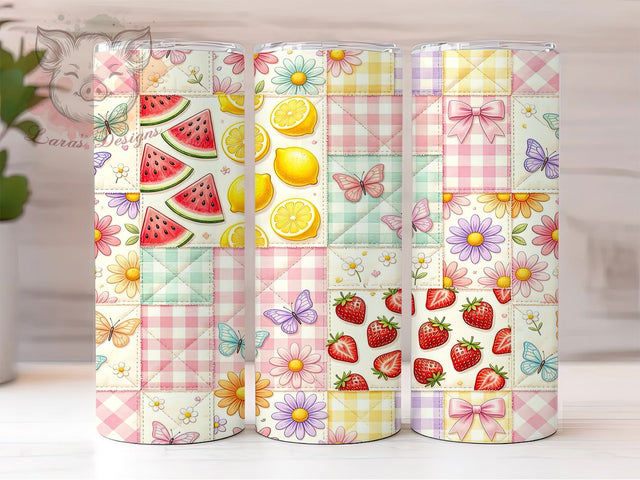 Floral Fruit Patchwork Bliss 20oz Tumbler, Fruit Pattern, Watermelon Slices, Yellow Lemons, Red Strawberries, Colorful Daisies, Butterflies Sublimation Lara' s Designs 