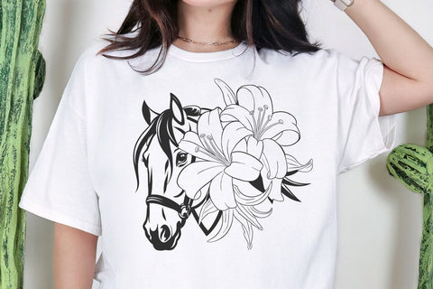 Floral Gentle Horses with Lilies and Leaves Svg file, Flower Horse Cut file, Floral Animal svg, Botanical Svg, Horse digital file, Lily Svg SVG DesignDestine 