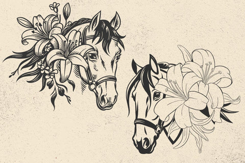 Floral Gentle Horses with Lilies and Leaves Svg file, Flower Horse Cut file, Floral Animal svg, Botanical Svg, Horse digital file, Lily Svg SVG DesignDestine 