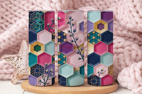 Floral Geo Hexagon 20oz Tumbler Wrap Sublimation DesignSVG 