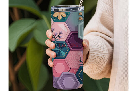 Floral Geo Hexagon 20oz Tumbler Wrap Sublimation DesignSVG 