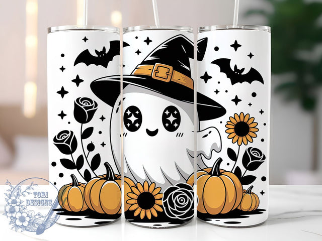 Floral Ghost Cute Spooky Halloween Tumbler, Floral Spooky Cup, 20Oz Sublimation Wrap, Autumn Ghost Mug, Halloween Flower Drinkware, Cute Spooky Tumbler, Floral Halloween Design Sublimation ToriDesigns 