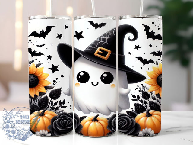 Floral Ghost Cute Spooky Halloween Tumbler, Floral Spooky Cup, 20Oz Sublimation Wrap, Autumn Ghost Mug, Halloween Flower Drinkware, Cute Spooky Tumbler, Floral Halloween Design Sublimation ToriDesigns 