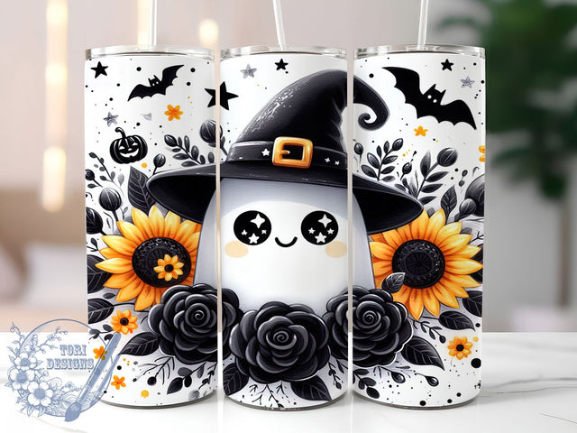 Floral Ghost Cute Spooky Halloween Tumbler, Floral Spooky Cup, 20Oz Sublimation Wrap, Autumn Ghost Mug, Halloween Flower Drinkware, Cute Spooky Tumbler, Floral Halloween Design Sublimation ToriDesigns 