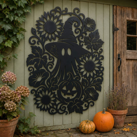 Floral Ghost Laser SVG | Spooky Ghost Metal Art DXF | Witch Hat Halloween CNC File | Pumpkin Sunflower Plasma Cut Design | Fall Porch Decor SVG HappyDesignStudio 