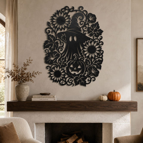 Floral Ghost Laser SVG | Spooky Ghost Metal Art DXF | Witch Hat Halloween CNC File | Pumpkin Sunflower Plasma Cut Design | Fall Porch Decor SVG HappyDesignStudio 