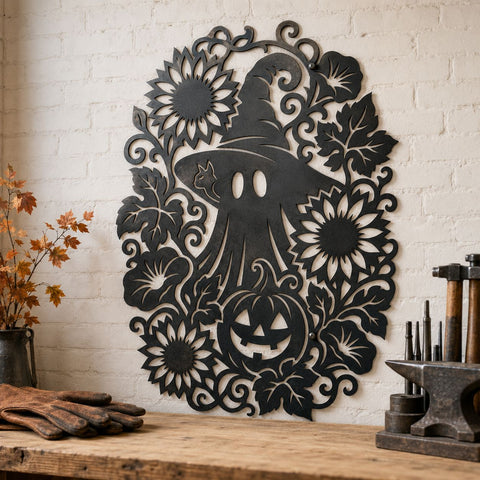 Floral Ghost Laser SVG | Spooky Ghost Metal Art DXF | Witch Hat Halloween CNC File | Pumpkin Sunflower Plasma Cut Design | Fall Porch Decor SVG HappyDesignStudio 