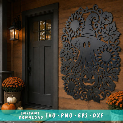 Floral Ghost Laser SVG | Spooky Ghost Metal Art DXF | Witch Hat Halloween CNC File | Pumpkin Sunflower Plasma Cut Design | Fall Porch Decor SVG HappyDesignStudio 