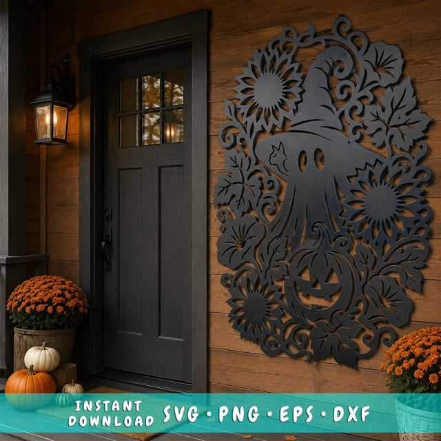 Floral Ghost Laser SVG | Spooky Ghost Metal Art DXF | Witch Hat Halloween CNC File | Pumpkin Sunflower Plasma Cut Design | Fall Porch Decor SVG HappyDesignStudio 
