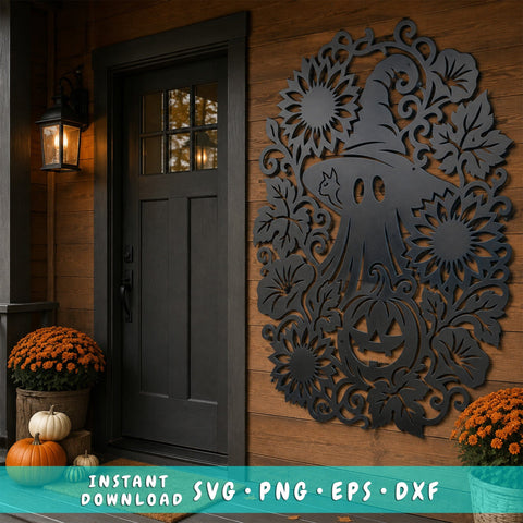 Floral Ghost Laser SVG | Spooky Ghost Metal Art DXF | Witch Hat Halloween CNC File | Pumpkin Sunflower Plasma Cut Design | Fall Porch Decor SVG HappyDesignStudio 