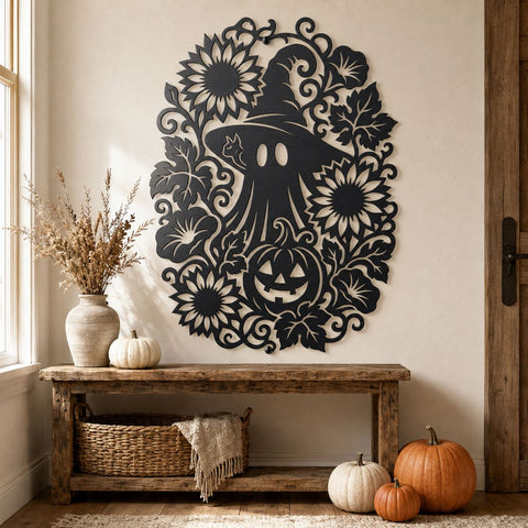Floral Ghost Laser SVG | Spooky Ghost Metal Art DXF | Witch Hat Halloween CNC File | Pumpkin Sunflower Plasma Cut Design | Fall Porch Decor SVG HappyDesignStudio 