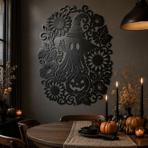 Floral Ghost Laser SVG | Spooky Ghost Metal Art DXF | Witch Hat Halloween CNC File | Pumpkin Sunflower Plasma Cut Design | Fall Porch Decor SVG HappyDesignStudio 