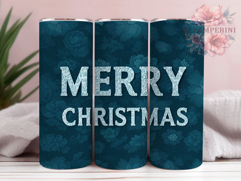 Floral Glitter Blue Christmas 20oz Tumbler Wrap, Merry Christmas, Floral Glitter, Blue Christmas, 20oz Tumbler, Sublimation Wrap, Holiday Decor, Festive Gift Sublimation Li Zamperini 
