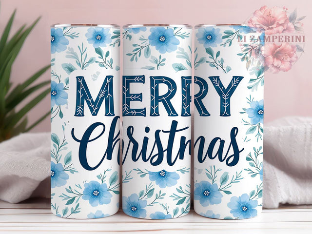 Floral Glitter Blue Christmas 20oz Tumbler Wrap, Merry Christmas, Floral Glitter, Blue Christmas, 20oz Tumbler, Sublimation Wrap, Holiday Decor, Festive Gift Sublimation Li Zamperini 