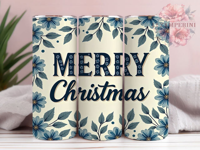 Floral Glitter Blue Christmas 20oz Tumbler Wrap, Merry Christmas, Floral Glitter, Blue Christmas, 20oz Tumbler, Sublimation Wrap, Holiday Decor, Festive Gift Sublimation Li Zamperini 