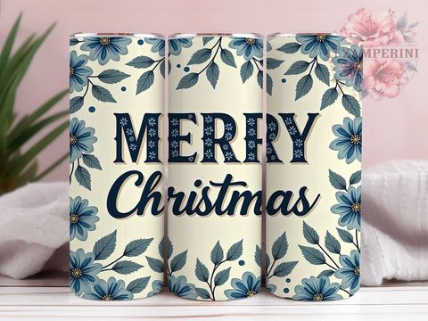Floral Glitter Blue Christmas 20oz Tumbler Wrap, Merry Christmas, Floral Glitter, Blue Christmas, 20oz Tumbler, Sublimation Wrap, Holiday Decor, Festive Gift Sublimation Li Zamperini 